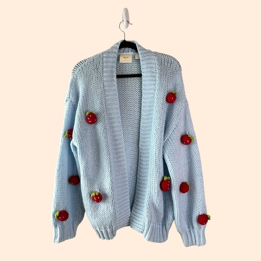 Anthropologie Light Blue Cardigan with Red Apple Accents